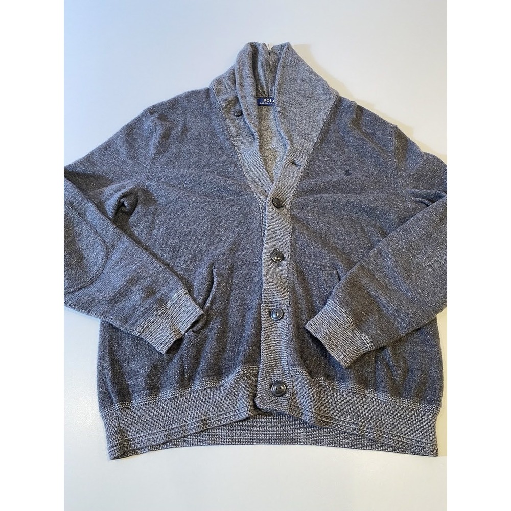 Polo Ralph Lauren Sweater Mens Large Gray Shawl Collar Cardigan Button Knit READ
